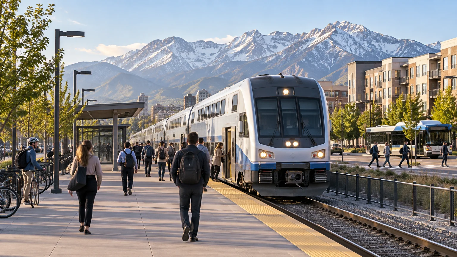 Commuters walk along a rail platform beside a white-and-blue passenger train, with a city bus, apartment buildings, and snow-covered Wasatch mountains in the background.