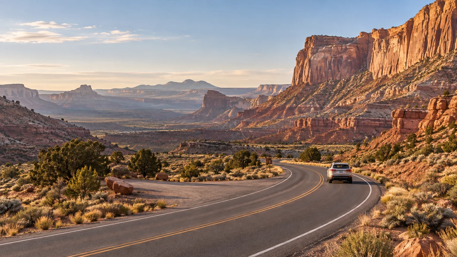 A white SUV drives along a curving two-lane road through a sunlit red-rock canyon with towering sandstone cliffs and desert shrubs.